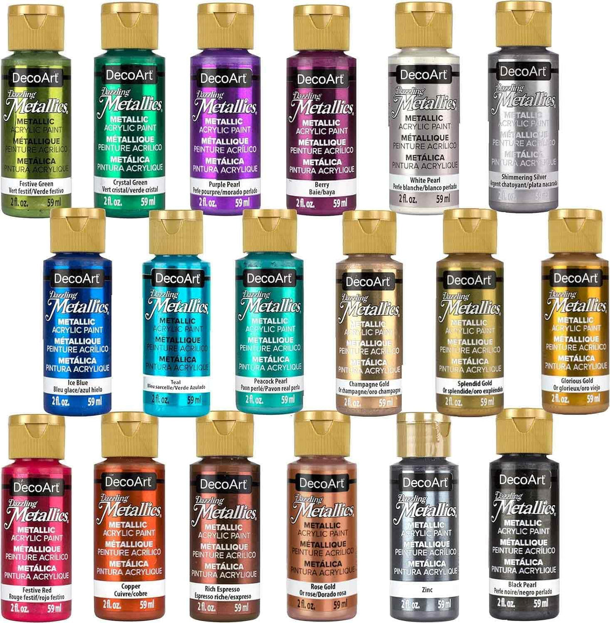 DecoArt Dazzling Metallics Fan Favorite Paint Set with 18 vibrant metallic paint bottles for arts and crafts projects.