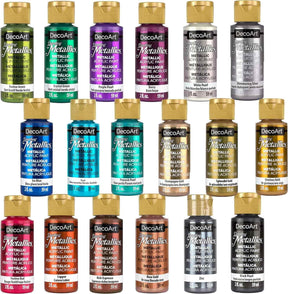 DecoArt Dazzling Metallics Fan Favorite Paint Set with 18 vibrant metallic paint bottles for arts and crafts projects.