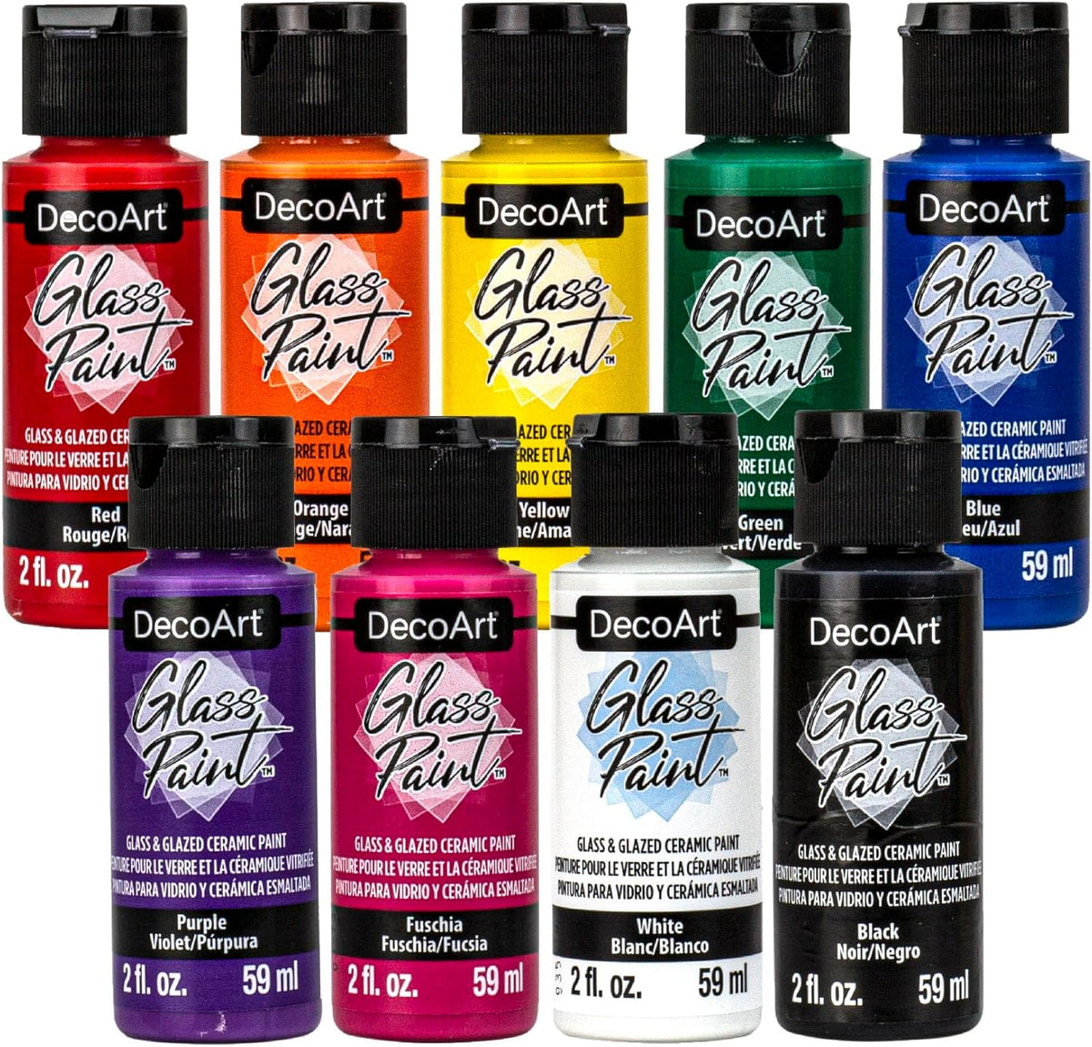 DecoArt glass paint set with 9 opaque acrylic colors in 2 fl oz bottles, ideal for decorating glass and ceramic surfaces.