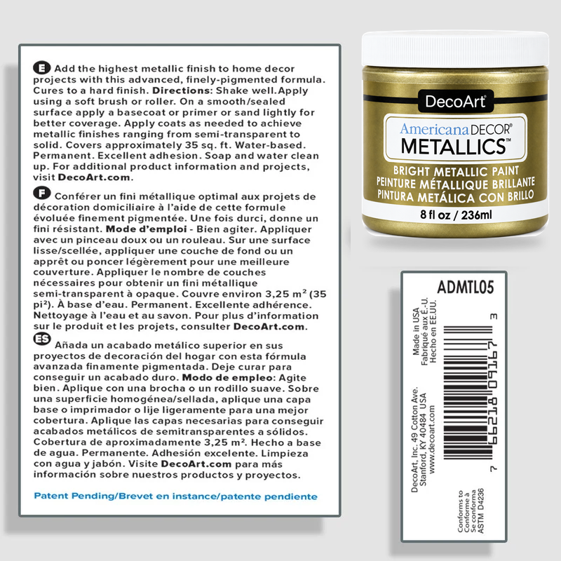 Vintage Brass Americana Decor Metallics product information and application instructions