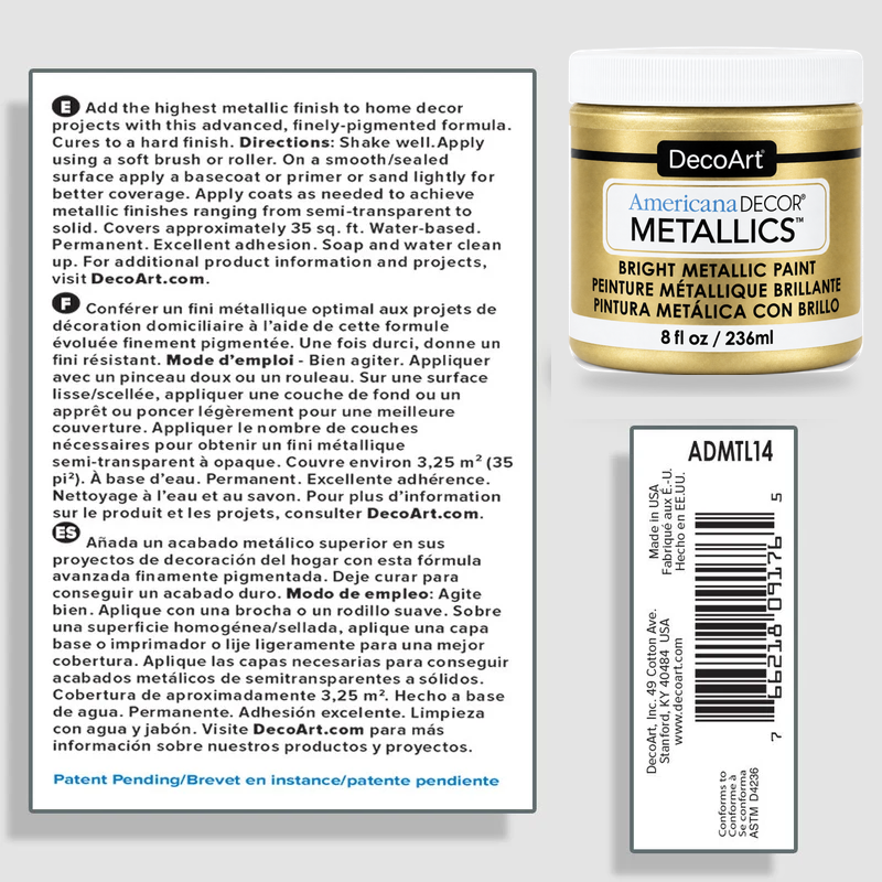 Soft Gold Americana Decor Metallics product information and application instructions