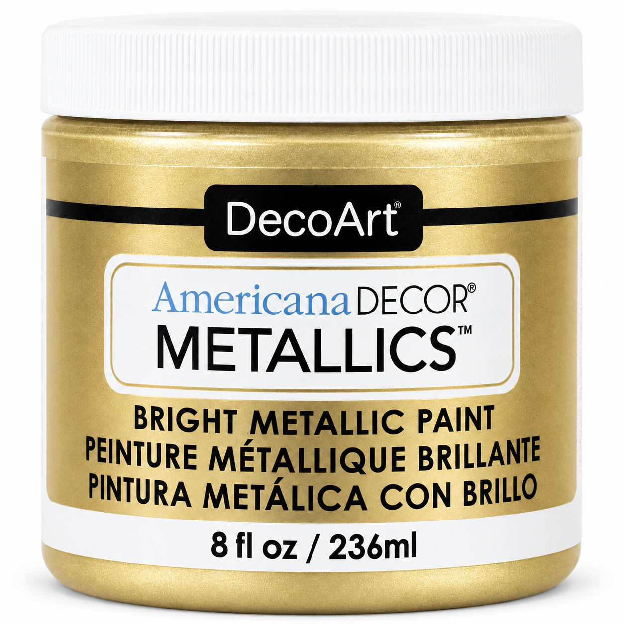 DecoArt Americana Decor Metallics Soft Gold paint bottle against a plain background