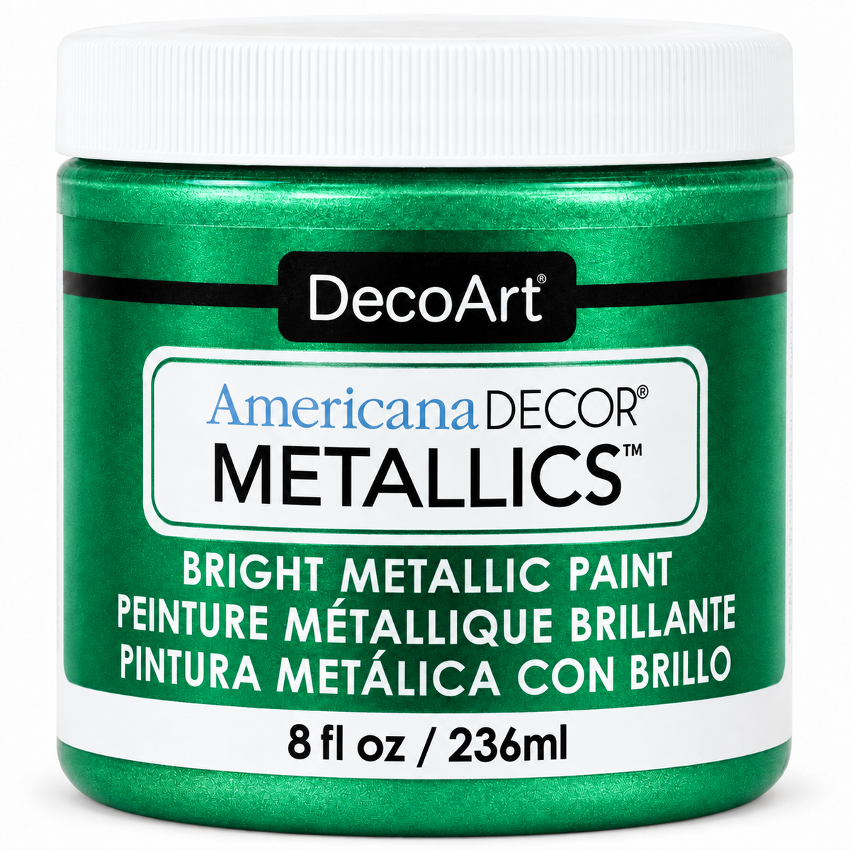 DecoArt Americana Decor Metallics Emerald paint bottle, showing the rich emerald metallic finish