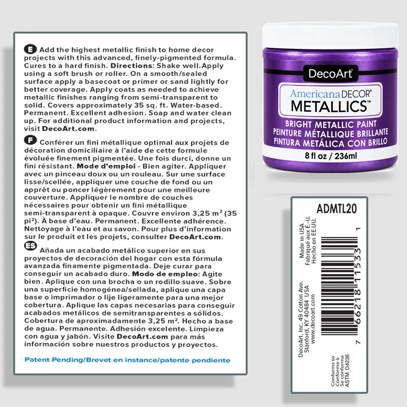 DecoArt Americana Decor Metallics Amethyst paint information sheet with product details and swatch imagery