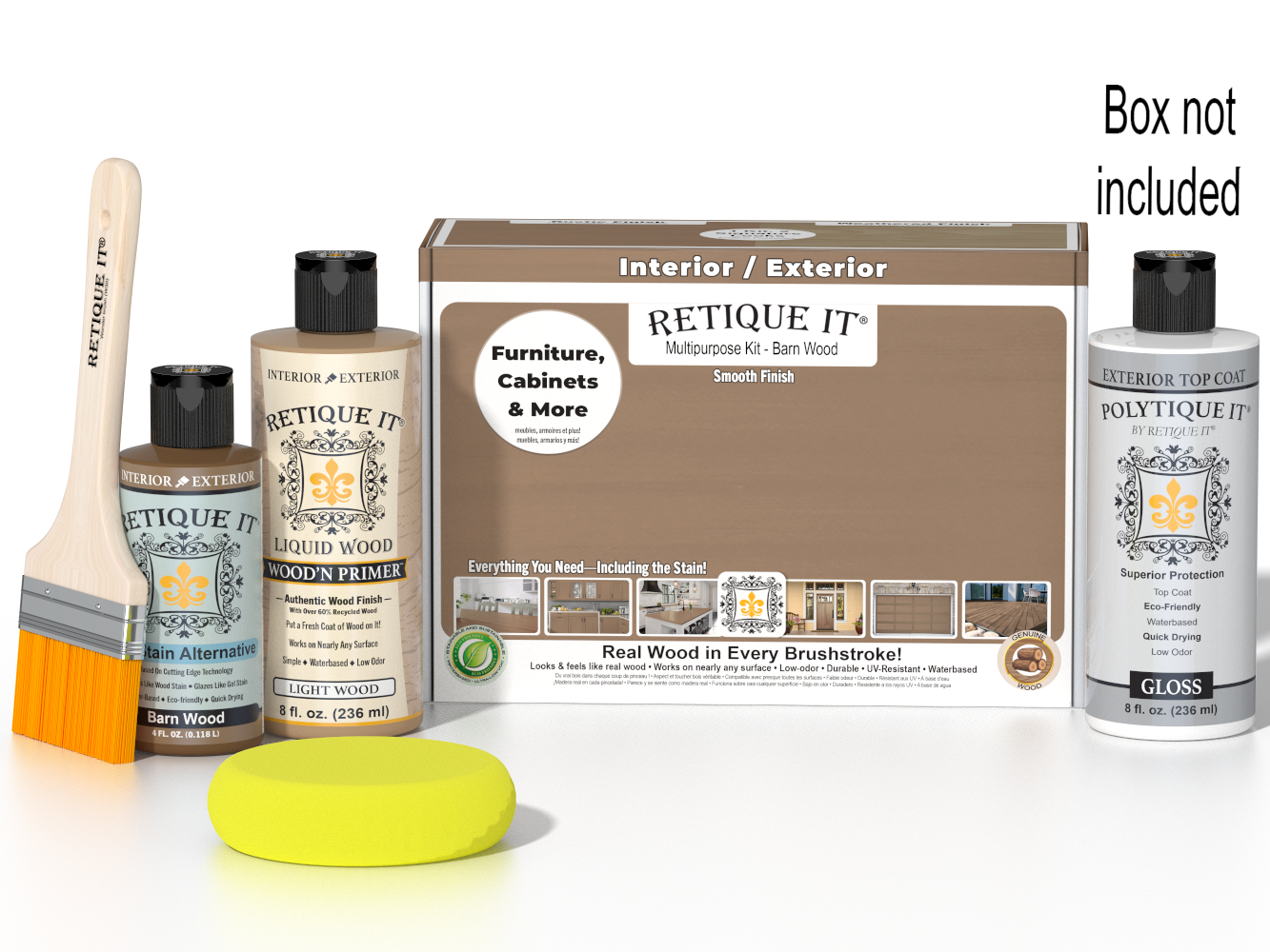 Retique It® Wood'n Finish Kit in Barn Wood with smooth gloss exterior top coat and application tools.