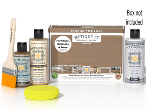 Retique It® Wood'n Finish Kit in Barn Wood with smooth gloss exterior top coat and application tools.
