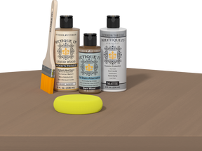Retique It® Multi-purpose Smooth Finish Kit in Barn Wood for exterior wood projects, includes top coat and finishing tools.