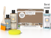 Retique It Wood'n Finish Kit in Barn Wood with smooth top coat, featuring tools and materials for interior wood finishing.