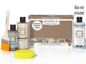 Retique It® Wood'n Finish Kit in Barn Wood with smooth top coat, featuring tools and materials for interior wood finishing.