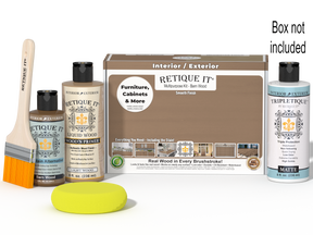 Retique It® Multi-purpose Smooth Finish Kit in barn wood for interior wood projects, includes top coat and application tools.