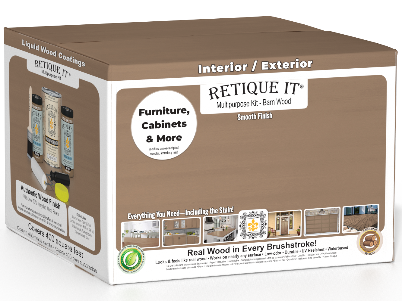 Retique It® Multi-purpose Smooth Finish Kit in barn wood, includes four large wood finish containers for furniture or decor projects.