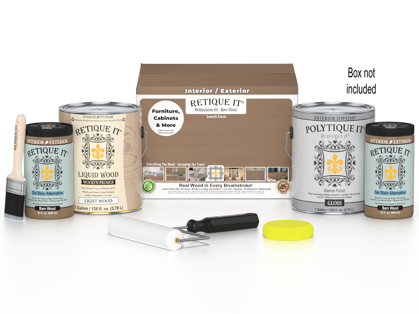 Retique It® Multi-purpose Smooth Finish Kit for Barn Wood exterior top coat, includes four large wood finish bottles with applicator box.