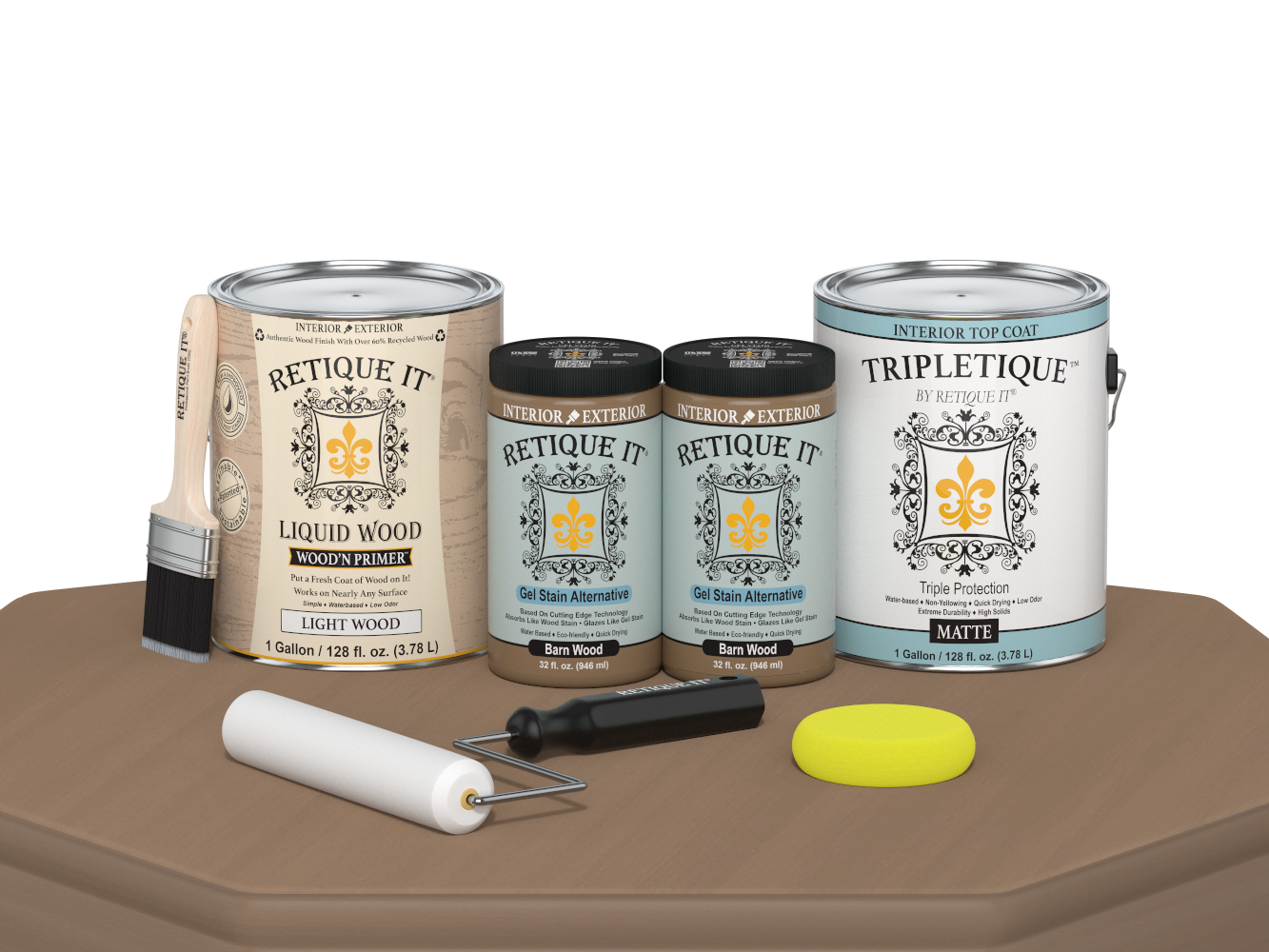 Retique It Wood'n Finish Kit in Barn Wood with matte top coat, featuring four large containers for multi-purpose wood finishing.