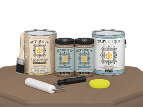 Retique It Wood'n Finish Kit in Barn Wood with matte top coat, featuring four large containers for multi-purpose wood finishing.