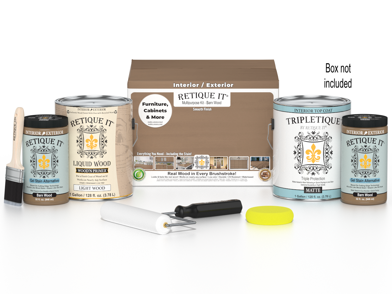 Retique It Multi-purpose Smooth Finish Kit in barn wood for interior wood projects, includes four large top coat bottles.