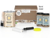 Retique It® wood finish kit with four large barn wood-colored smooth finish bottles and applicator brushes.