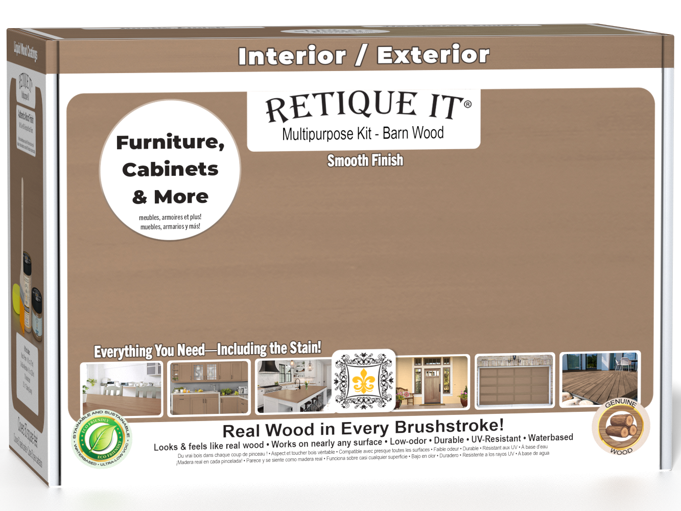 Retique It® Multi-purpose Smooth Finish Kit in Barn Wood for interior top coat with glossy finish, includes wood finish components in box.