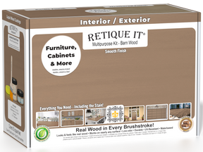 Retique It® Multi-purpose Smooth Finish Kit in Barn Wood for exterior wood projects, includes top coat and matte finish components.