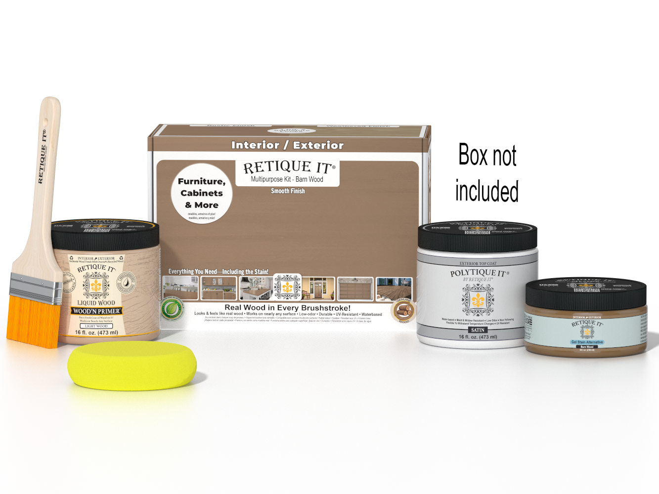 Retique It® Wood'n Finish Kit in Barn Wood with smooth finish, including top coat and application tools for exterior wood projects.