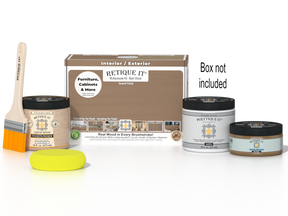 Retique It® Wood'n Finish Kit in Barn Wood with smooth finish, including top coat and application tools for exterior wood projects.