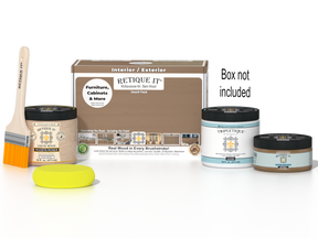 Retique It® Multi-purpose Smooth Finish Kit in Barn Wood for interior top coat with gloss, shown with included components.