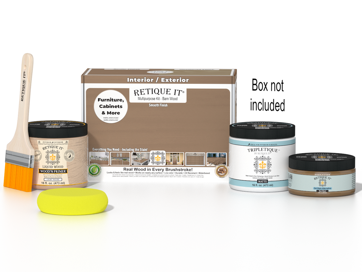 Retique It® Multi-purpose Smooth Finish Kit in Barn Wood for interior top coat, matte wood finish with included tools and supplies.