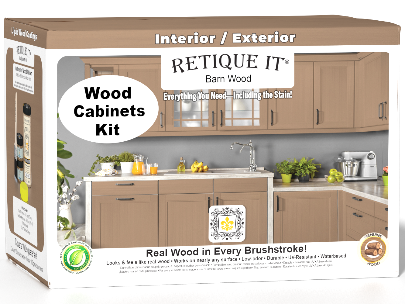 Retique It® Wood'n Cabinet Kit with 12 smooth barn wood stained cabinet doors, shown in a 3D box view for stylish kitchen storage.