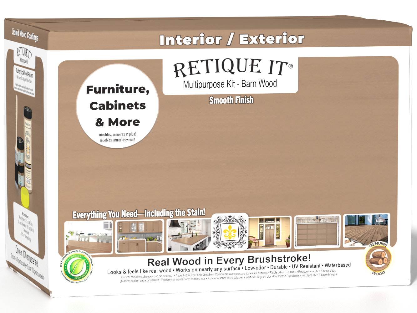 Retique It Multi-purpose Smooth Finish Kit for Barn Wood interior top coat, includes four large wood finish containers.