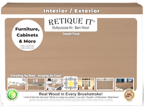 Retique It wood finish kit with four large barn wood interior top coat bottles in a box, showing the packaging and product branding.