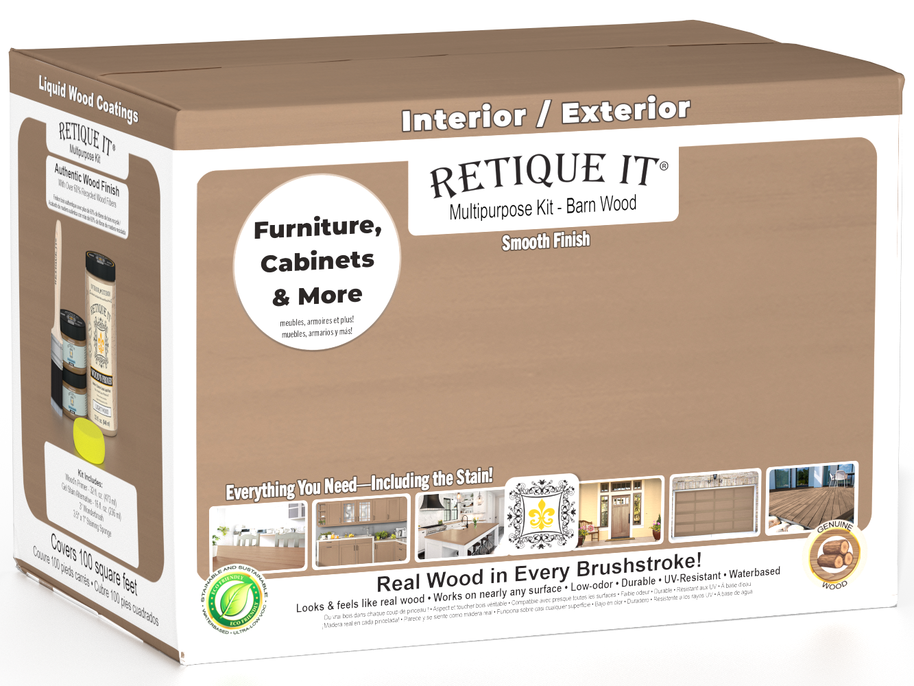 Large Barn Wood Multi-purpose Smooth Finish Kit by Retique It® for exterior wood top coating, includes finishing tools.