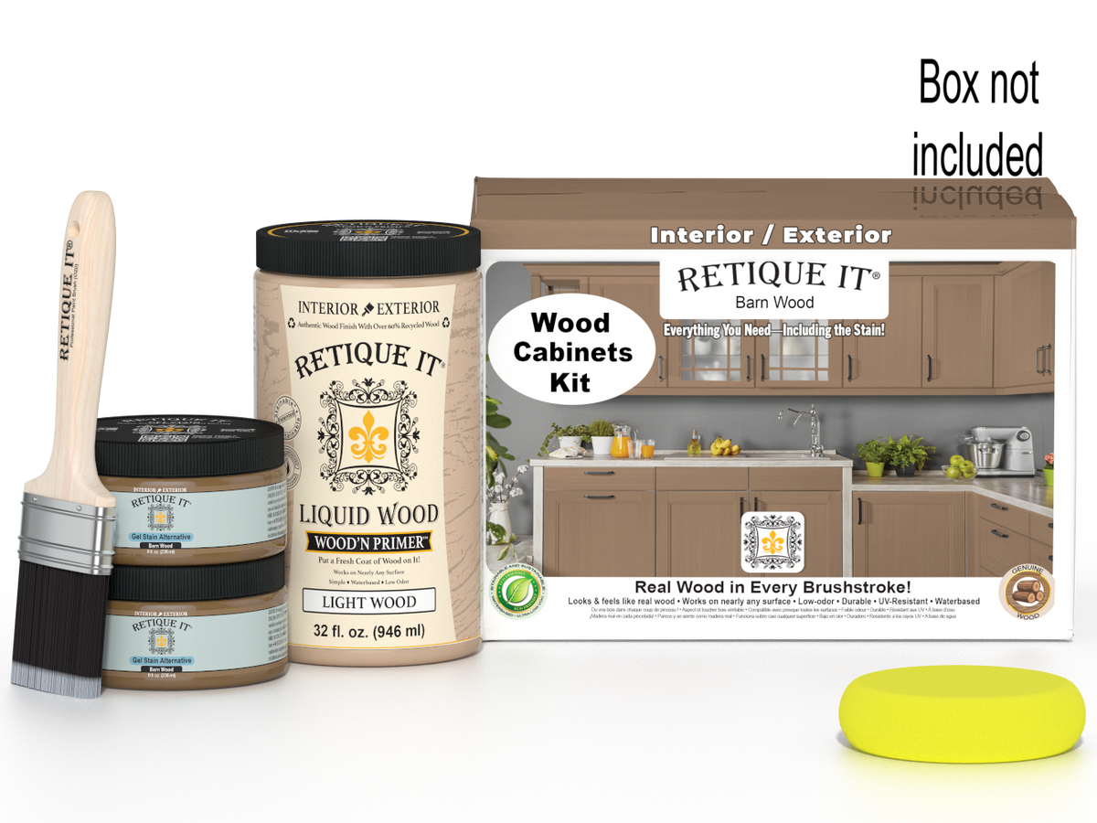 Retique It® Wood'n Cabinet Kit with 12 smooth barn wood doors, stain finish, shown in a box for wood cabinet renovation.