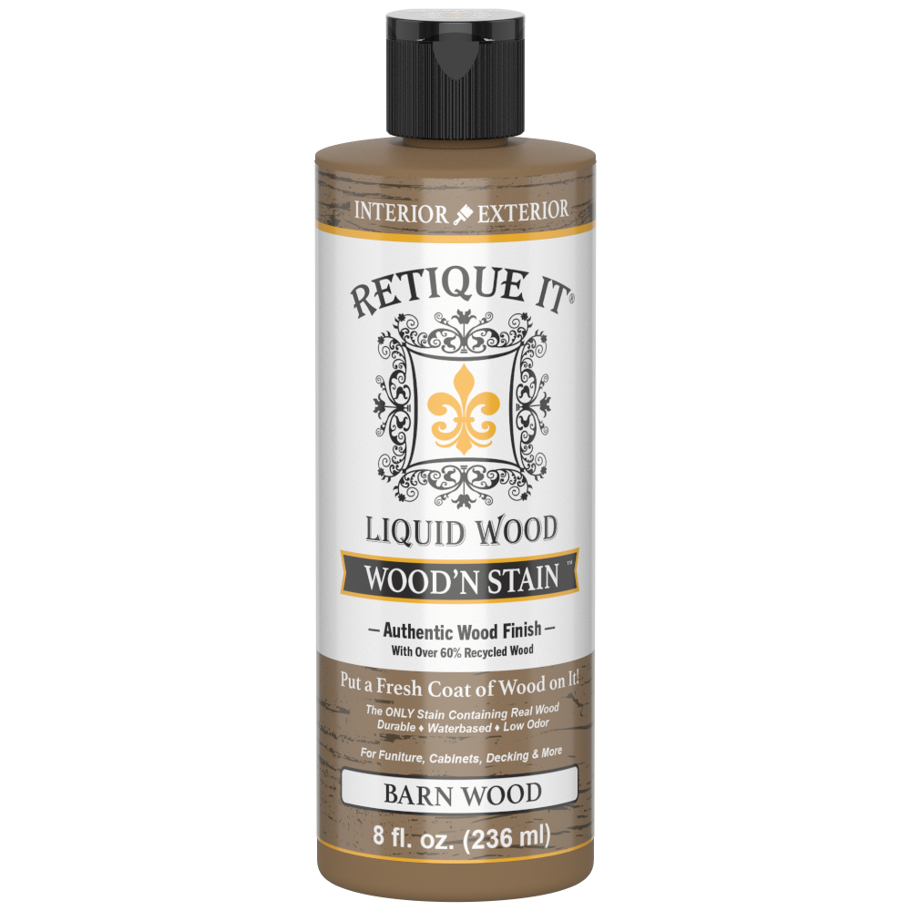 Liquid Wood Wood'n Stain by Retique It in Barn Wood color, 8 oz bottle, showing the wood stain product next to a wood surface.