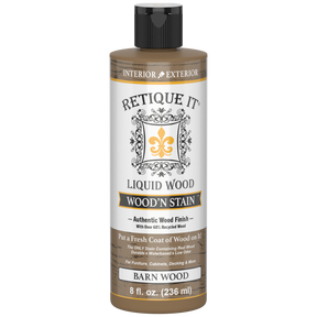 Liquid Wood Wood'n Stain by Retique It in Barn Wood color, 8 oz bottle, showing the wood stain product next to a wood surface.