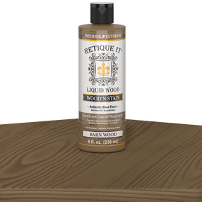 Retique It Liquid Wood Wood'n Stain in 8 oz Barn Wood color showing a wood sample with rich, natural wood stain finish.