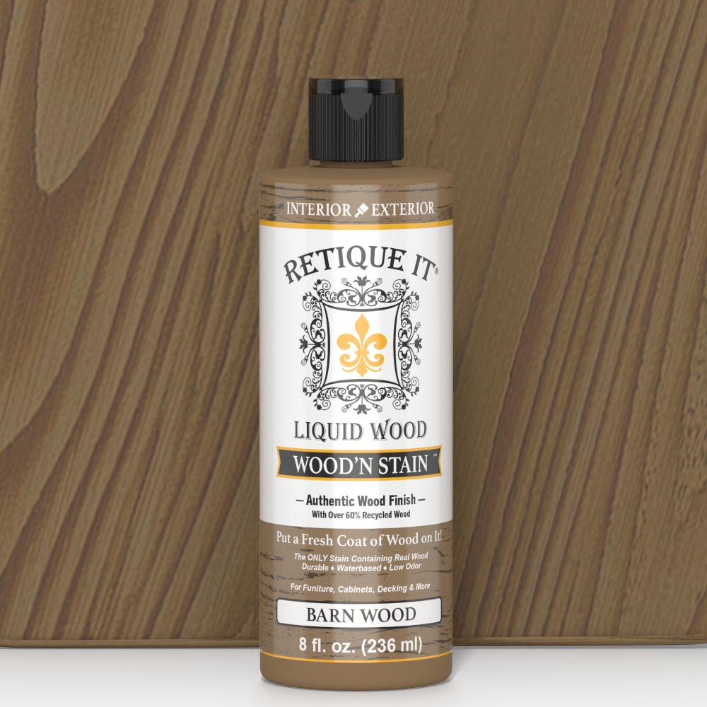 Retique It Liquid Wood Wood'n Stain in 8 oz Barn Wood color, showcasing the wood stain bottle with natural wood grain background.