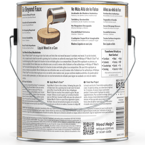 Liquid Wood Wood'n Stain by Retique It in 128 oz Barn Wood finish, showing a can of stain and a sample of wood treated with the stain.