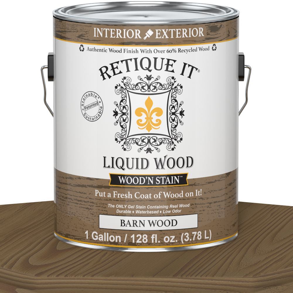 Liquid Wood Wood'n Stain by Retique It in Barn Wood finish, 128 oz, showcasing the stain's rich wood tone and smooth application.