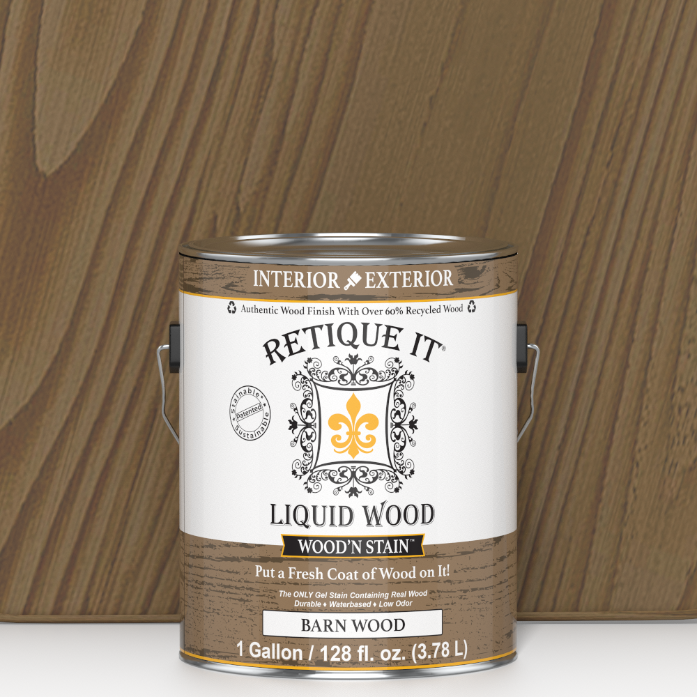 Retique It Liquid Wood Wood'n Stain in 128 oz Barn Wood color, showcasing the stain's natural wood finish in a large container.