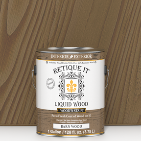 Retique It Liquid Wood Wood'n Stain in 128 oz Barn Wood color, showcasing the stain's natural wood finish in a large container.