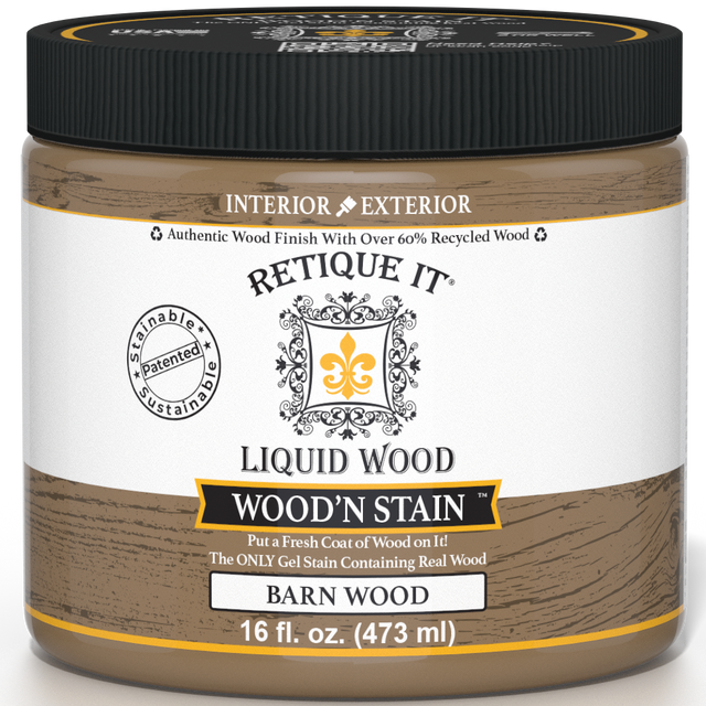 Liquid Wood Wood'n Stain by Retique It in 16 oz Barn Wood color, showcasing the stain application on wood surface.