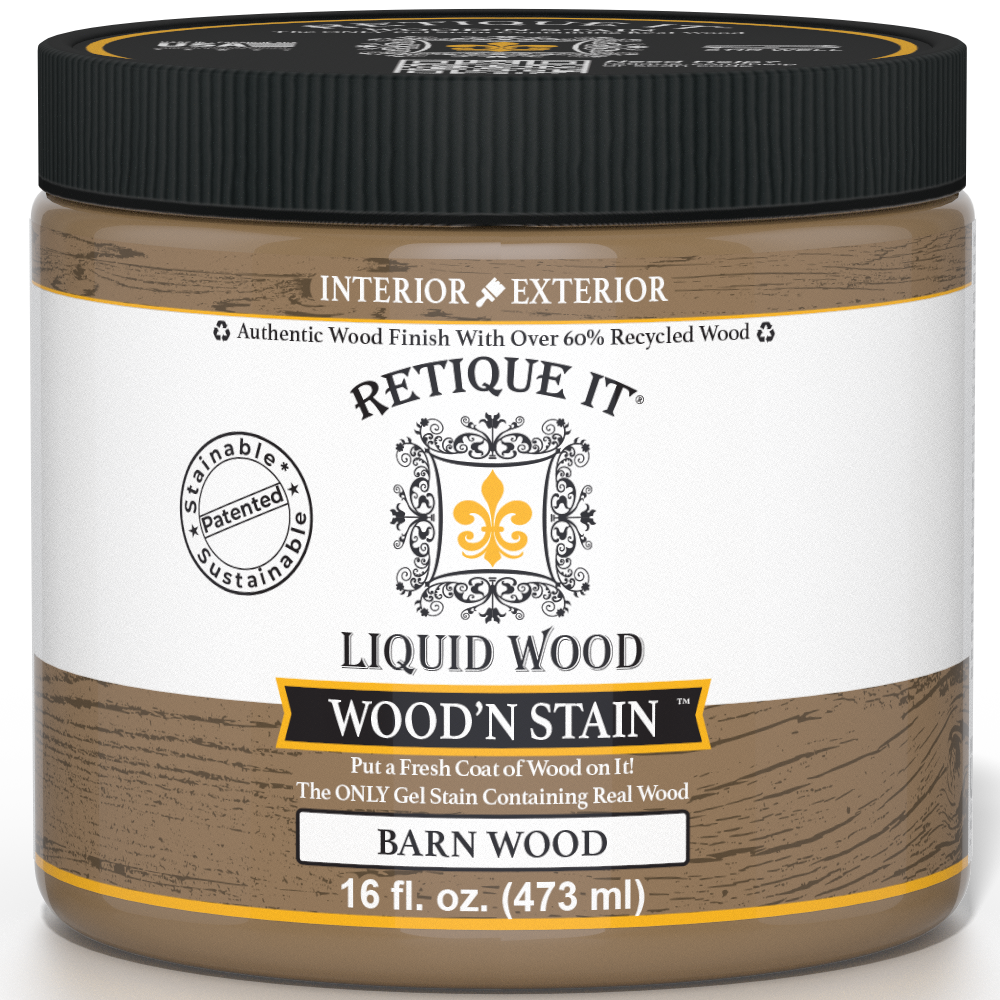 Retique It Liquid Wood Wood'n Stain in 16 oz Barn Wood color, showcasing the stain's rich, natural wood finish.