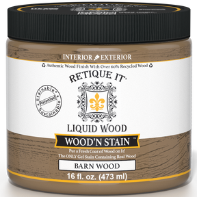 Retique It Liquid Wood Wood'n Stain in 16 oz Barn Wood color, showcasing the stain's rich, natural wood finish.