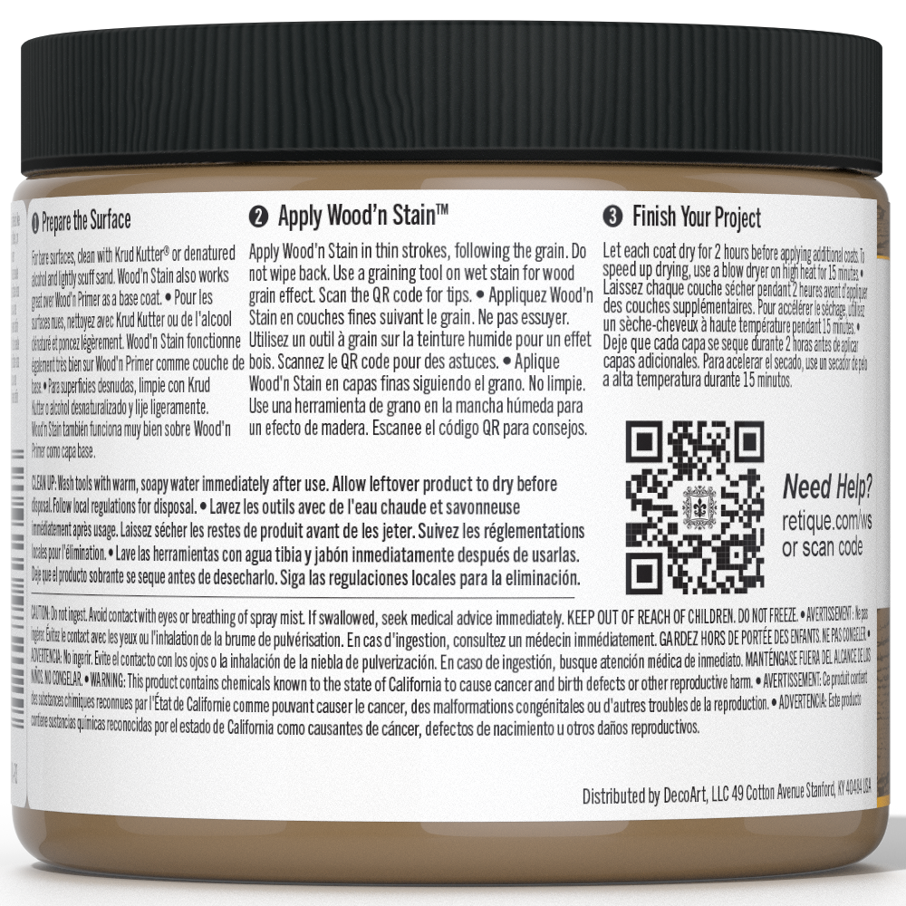 Retique It Liquid Wood Wood'n Stain in 16 oz Barn Wood color, showing the stain applied to wood surface.