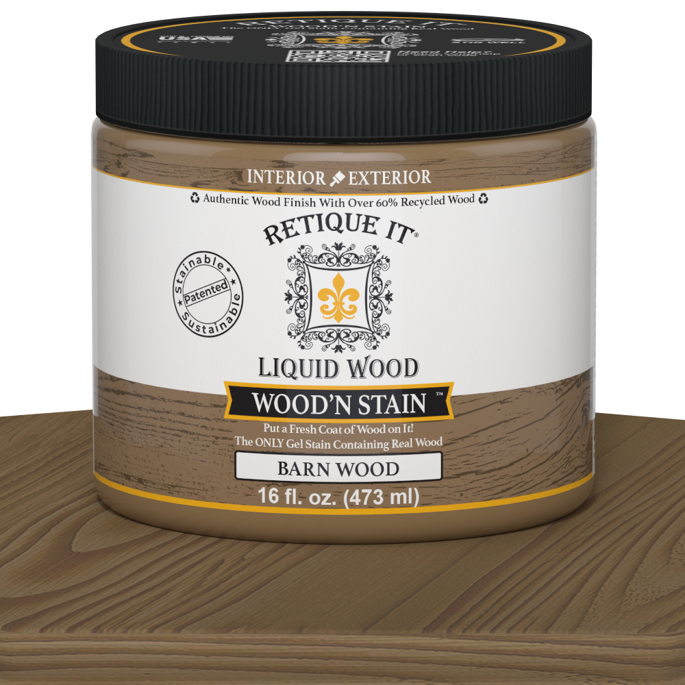 Retique It Liquid Wood Wood'n Stain in barn wood color, 16 oz bottle, showing the stain's rich, natural wood finish.