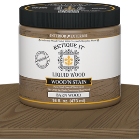 Retique It Liquid Wood Wood'n Stain in barn wood color, 16 oz bottle, showing the stain's rich, natural wood finish.