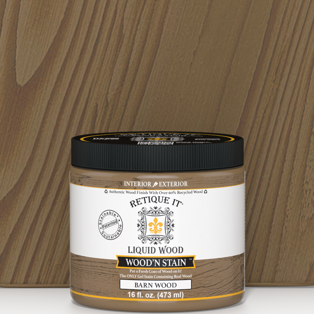 Retique It Liquid Wood Wood'n Stain in 16 oz Barn Wood color, showcasing the stain applied to wood surface for a rustic finish.