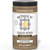 Liquid Wood Wood'n Stain by Retique It in barn wood color, 32 oz bottle, showcasing the stain's rich, natural wood finish.