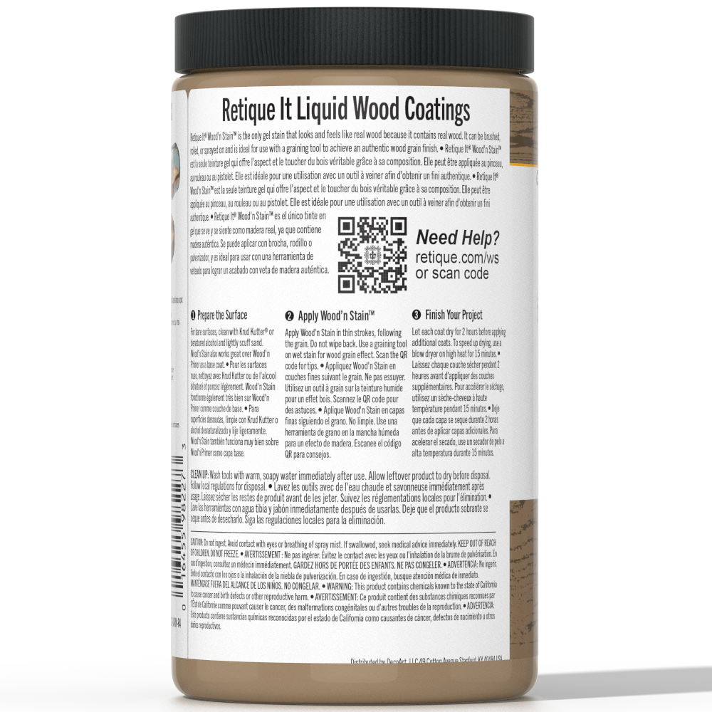 Retique It Liquid Wood Wood'n Stain 32 oz in barn wood color, showing the stain's rich, natural wood finish and textured application.