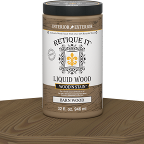 Liquid Wood Wood'n Stain by Retique It in barn wood color, 32 oz bottle, showcasing the stain's rich, natural wood finish.