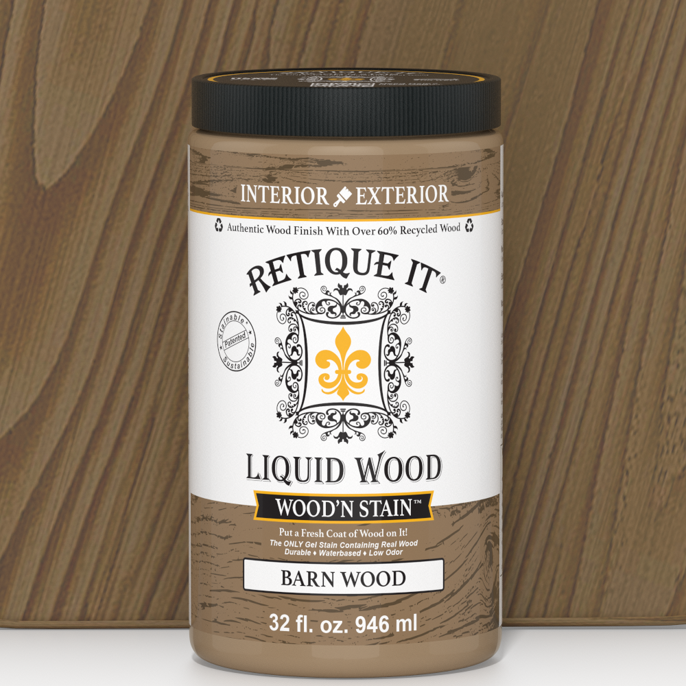 Retique It Liquid Wood Wood'n Stain in 32 oz Barn Wood shade, showing a wood stain container and a sample wood finish.